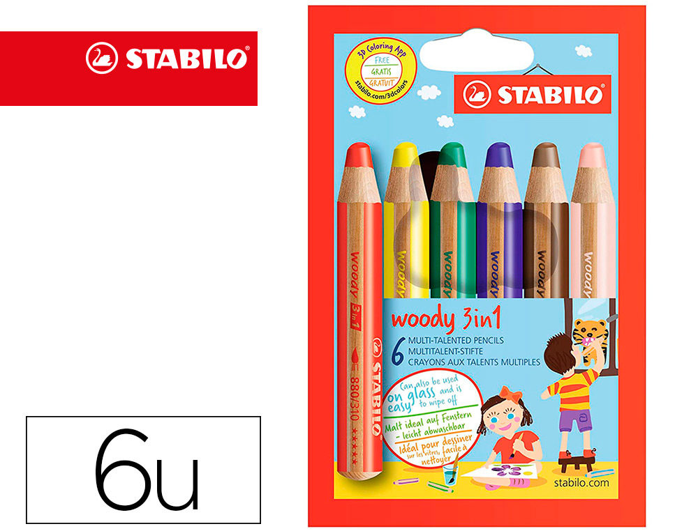 CRAYON DE COULEUR STABILO WOODY 3IN1 ARTY               MULTI-SURFACES EFFACABLE ETUI CARTON 6 UNITES ET