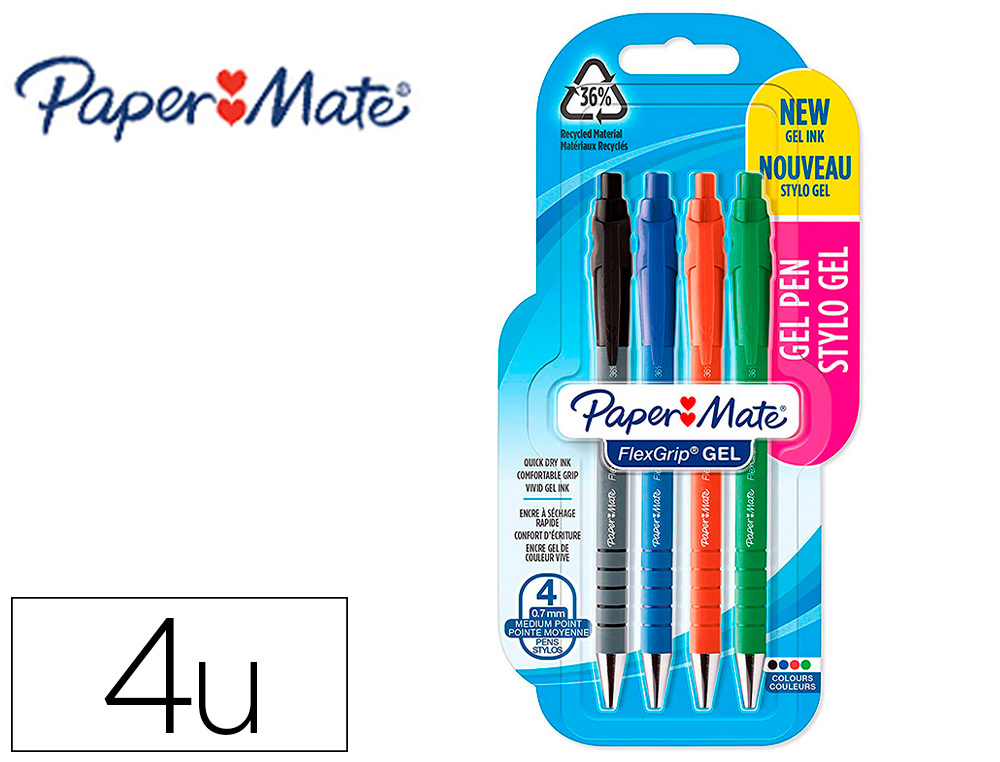 STYLO-GEL PAPER MATE FLEXGRIP RETRACTABLE POINTE MOYENNE    0.7MM COLORIS ASSORTIS        BLISTER DE 4 UNITES