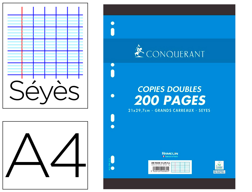 COPIES DOUBLES CONQUERANT 7 PERFOREES 210X297 FILM 200P   90G SEYES RECYCLE