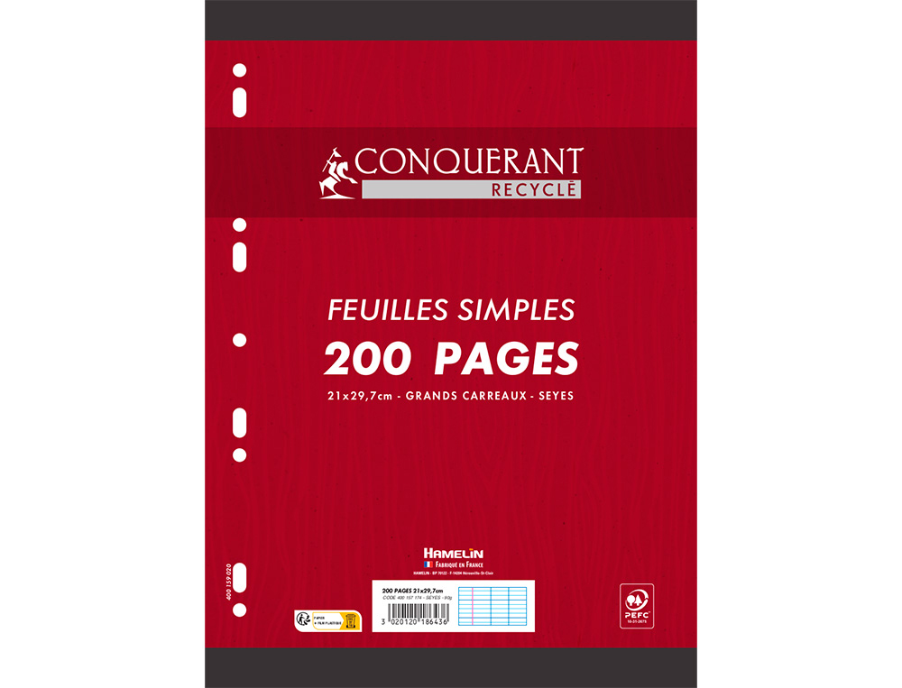 FEUILLES SIMPLES CONQUERANT 7 PERFOREES 210X297 FILM 200P   90G SEYES RECYCLE