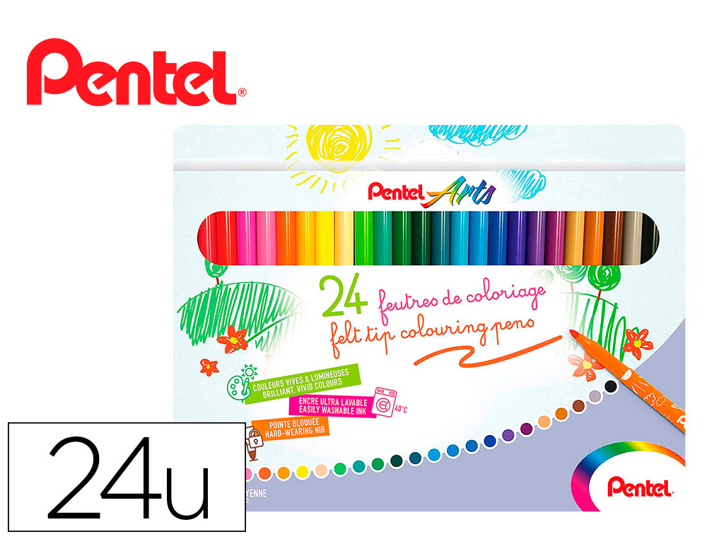 BOITE DE 24 FEUTRES DE COLORIAGE PENTAL ENCRE ULTRA  LAVABLE POINTE MOYENNE 3,9MM