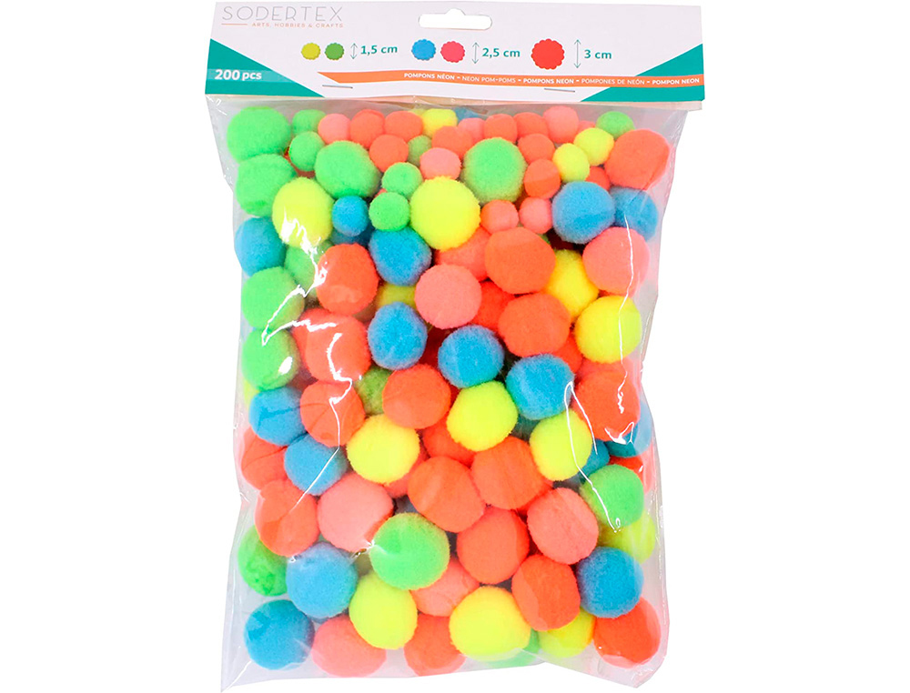 PACK POMPONS SODERTEX NEON POLYESTER - 3 TAILLES - 200   PCS - 5 COLORIS