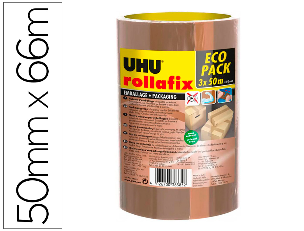 RUBAN ADHESIF UHU ROLLAFIX BRUN 3X66MX50MM LOT DE 3U
