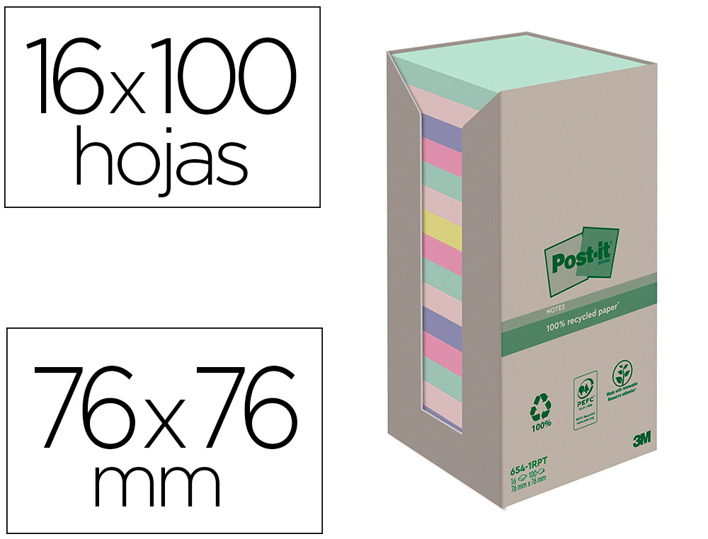 BLOC-NOTES POST-IT 16 BLOCS X 100 FEUILLES  76X76MM COLORIS ASSORTIES
