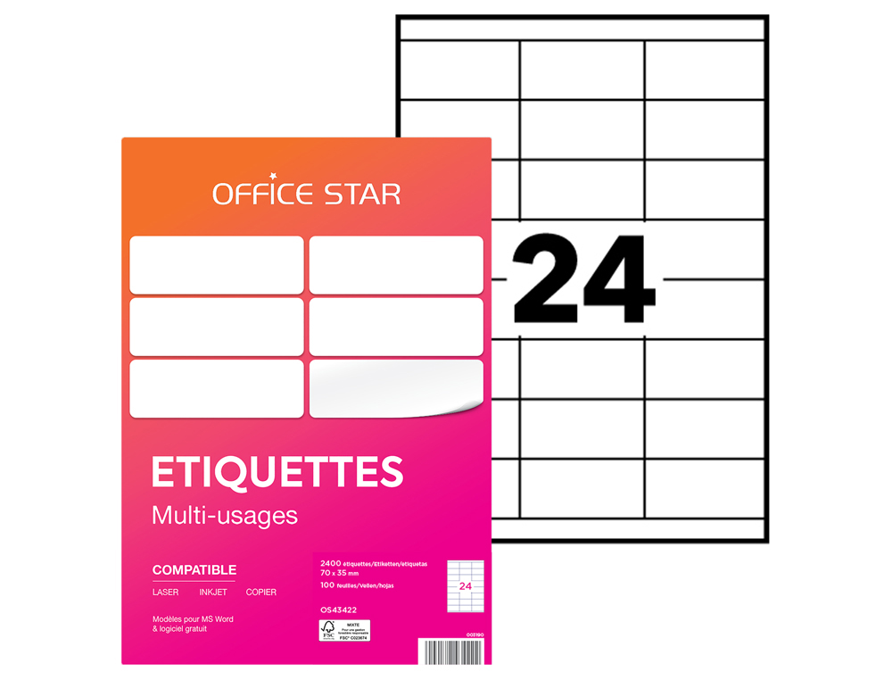 ETIQUETTE OFFICE STAR IMPRESSION LASER JET ENCRE ET COPIEUR 70X35MM COLORIS BLANC POCHETTE 2400 UNITES