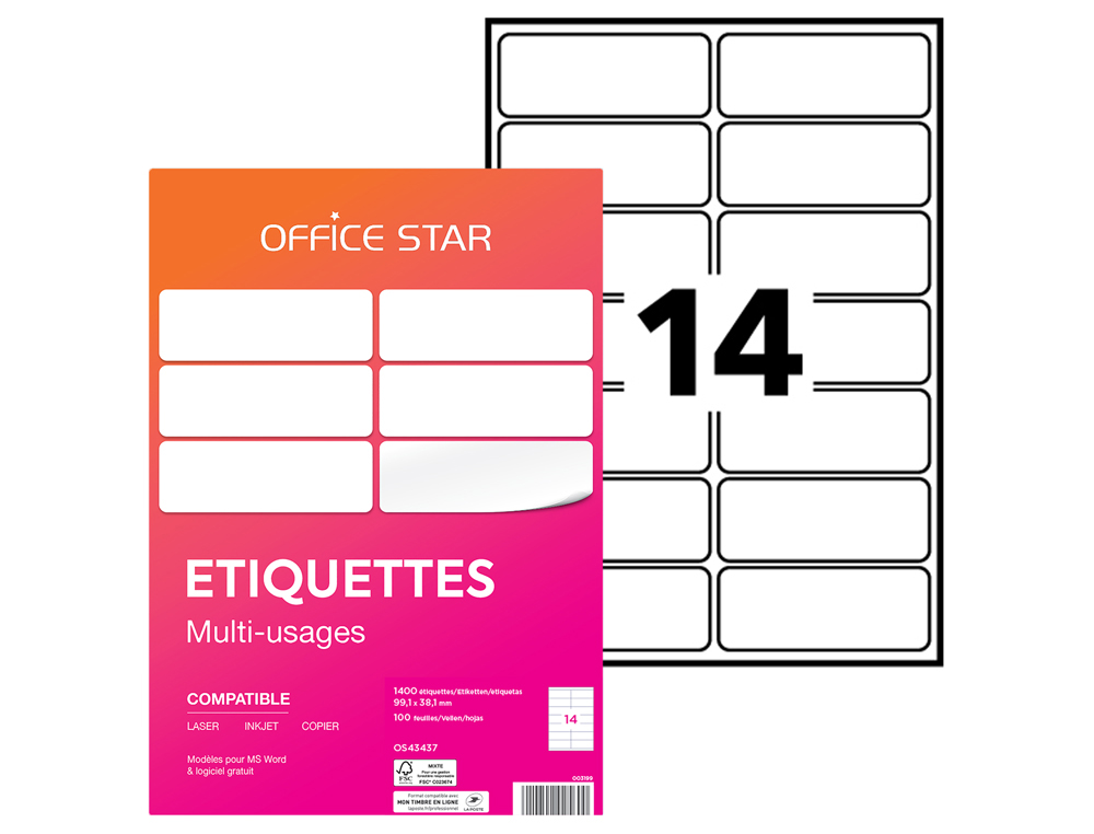ETIQUETTE OFFICE STAR IMPRESSION LASER JET ENCRE ET COPIEUR 99,1X38,1MM COLORIS   BLANC POCHETTE 1400 UNITES