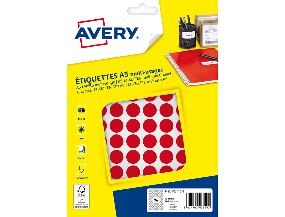 PASTILLE ADHESIVE APLI IMPRESSION LASER JET ENCRE ET COPIEUR DIAMETRE 15MM         PERMANENTE COLORIS ROUGE