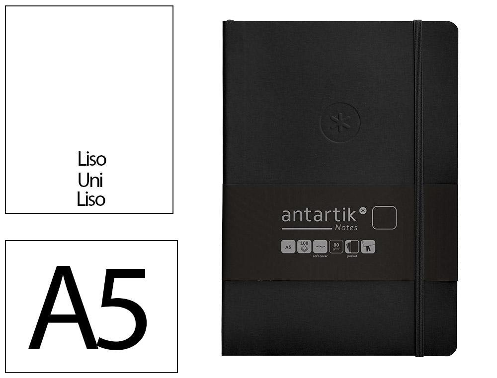CARNET A5 ANTARTIK NOTES PAPIER UNI IVOIRE COUVERTURE  SOUPLE FERMETURE ELASTIQUE 200PAGES 80GR COLORIS NOIR