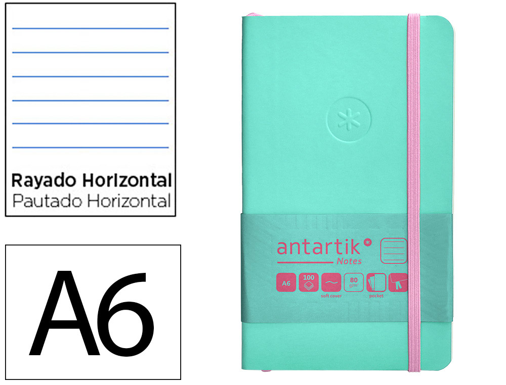 CARNET A6 ANTARTIK NOTES LIGNECOUVERTURE SOUPLE FERMETURE   ELASTIQUE ROSE 200 PAGES 80GR COLORIS TURQUOISE