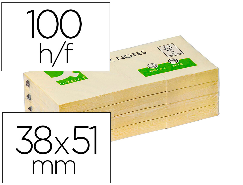 BLOC-NOTES Q-CONNECT QUICK NOTES 38X51MM 3 BLOCS 100F REPOSITIONNABLES COLORIS JAUNE