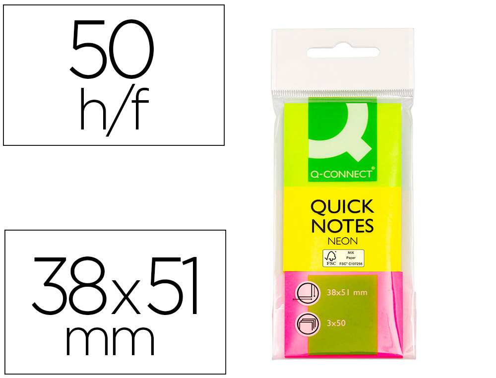 BLOC-NOTES Q-CONNECT COULEURS NON 38X51MM 50F REPOSITIONNABLES COLORIS ASSORTIS 3 BLOCS