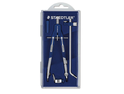 COMPAS STAEDTLER LAITON PLAQU NICKEL SATIN FIBRE VERRE RALLONGE VIS MICROMTRIQUE 17CM 35CM RALLONGE 58.5CM COFFRET