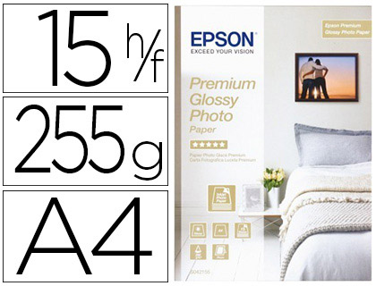PAPIER PHOTO EPSON JET D'ENCRE PREMIUM GLOSSY GLAC SUPER BRILLANT A4 255G/M2 PAQUET 15 FEUILLES