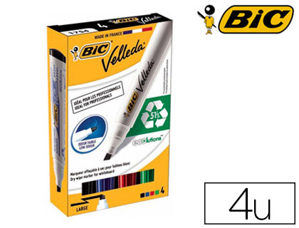 MARQUEUR BIC VELLEDA 1751 EFFAABLE POINTE BISEAUTE TRAC 2/5MM ENCRE BASE ALCOOL INODORE CORPS PLASTIQUE BOTE 4U