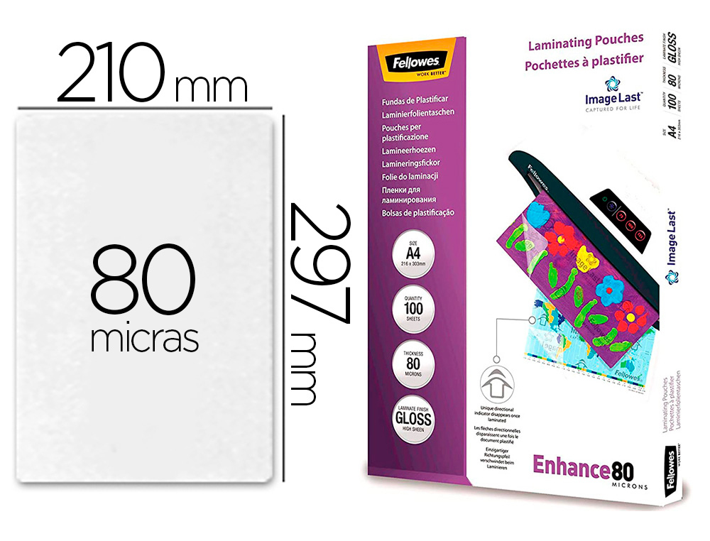 POCHETTE PLASTIFICATION FELLOWES  CHAUD POLYESTER TRANSPARENT RSISTANT EAU FORMAT A4 80 MICRONS BOTE 100 UNITS