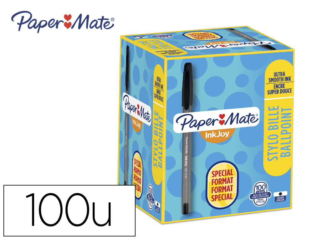 STYLO-BILLE PAPER MATE INKJOY 100 CRITURE MOYENNE 0.7MM ULTRA DOUCE CORPS TRIANGULAIRE RSISTE BAVURES NOIR PACK 100U