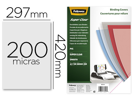 PLAT COUVERTURE FELLOWES PVC 20/100E FORMAT A3 INCOLORE BOTE 100 UNITS