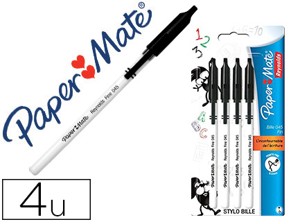 STYLO-BILLE PAPER MATE FINE CARBURE COULEUR NOIR SACHET 4 UNITS