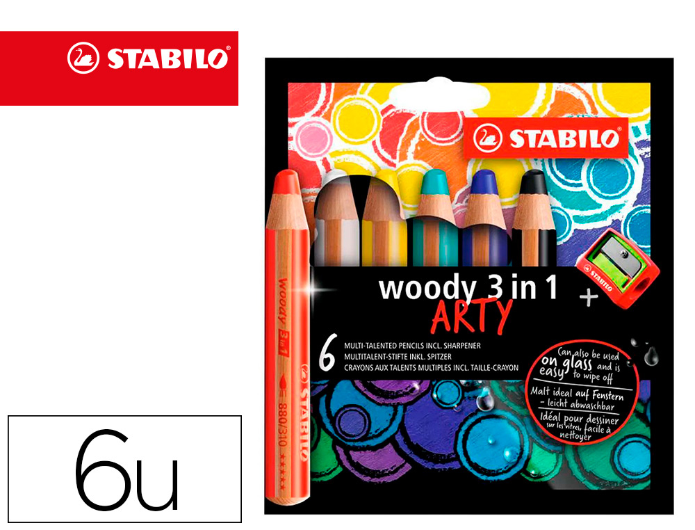 CRAYONS MULTI-TALENTS STABILO WOODY 3IN1 + 1 TAILLE-CRAYON  ETUI CARTON DE 6