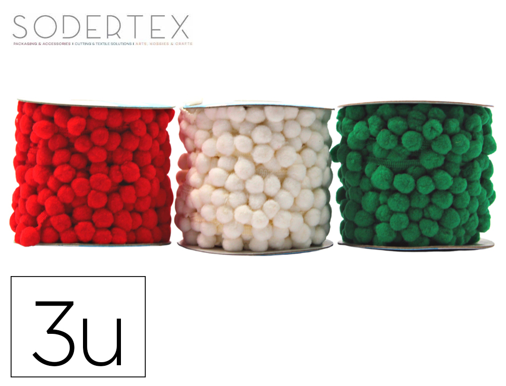 POMPONS SUR CORDON SODERTEX GUIRLANDES/CUSTOMISATION      BOBINE 3M COLORIS NOEL        ASSORTIS LOT 3 UNITES