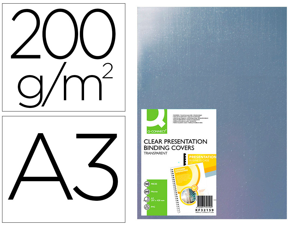 PLAT COUVERTURE Q-CONNECT PVC 200 MICRONS A3 RELIEURS SPIRALES PEIGNES ANNEAUX INCOLORE PAQUET 100 UNITS