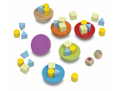 JEU EN BOIS EQUILIBRY CONTENANT 6 DEMI-BOULES DE 6 COULEURS 45 PIONS DE TROIS FORMES 1 D  COULEURS 1 D  FORMES
