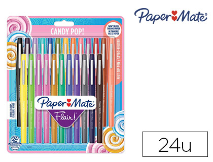 STYLO-FEUTRE PAPER MATE FLAIR ORIGINAL POINTE MOYENNE 1MM LONGUE DURE DE VIE POCHETTE 24 COLORIS ASSORTIS CANDY POP