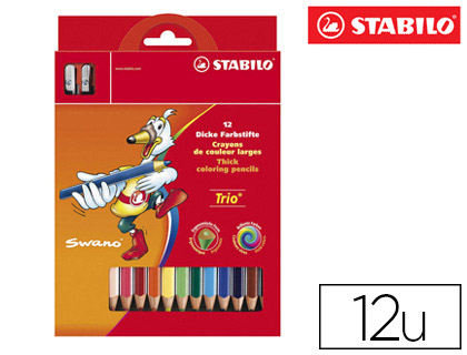 CRAYON COULEUR STABILO TRIO LONG BOIS TRIANGULAIRE 175MM MINE LARGE SOUPLE 4MM TAILLE-CRAYONS OFFERT POCHETTE 12U