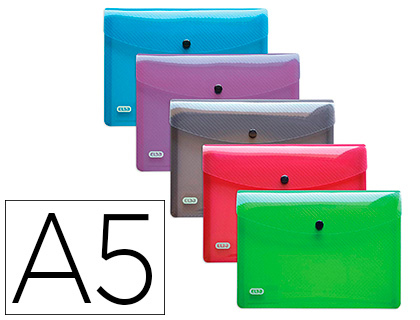 CHEMISE POCHETTE ELBA HAWA POLYPROPYLNE TRANSLUCIDE A5 FERMETURE BOUTON PRESSION COLORIS ASSORTIS LOT 5 UNITS