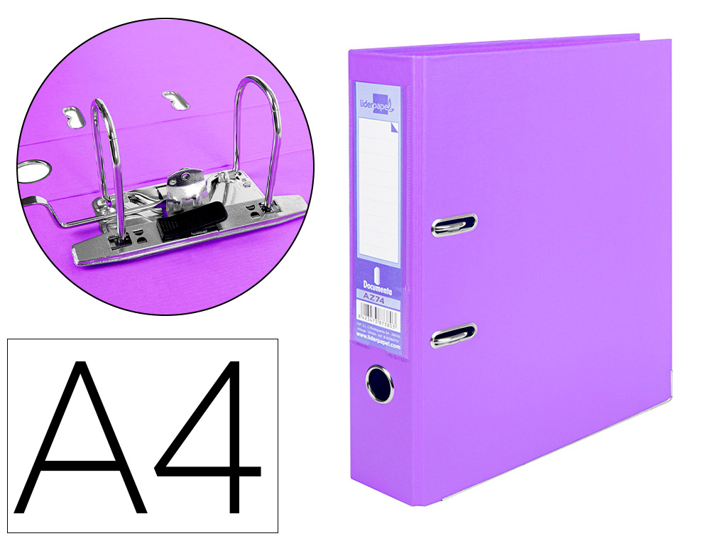CLASSEUR LEVIER LIDERPAPEL A4 DOCUMENTA CARTON REMBORD 1,9MM DOS 75MM RADO MTALLIQUE COLORIS LILAS