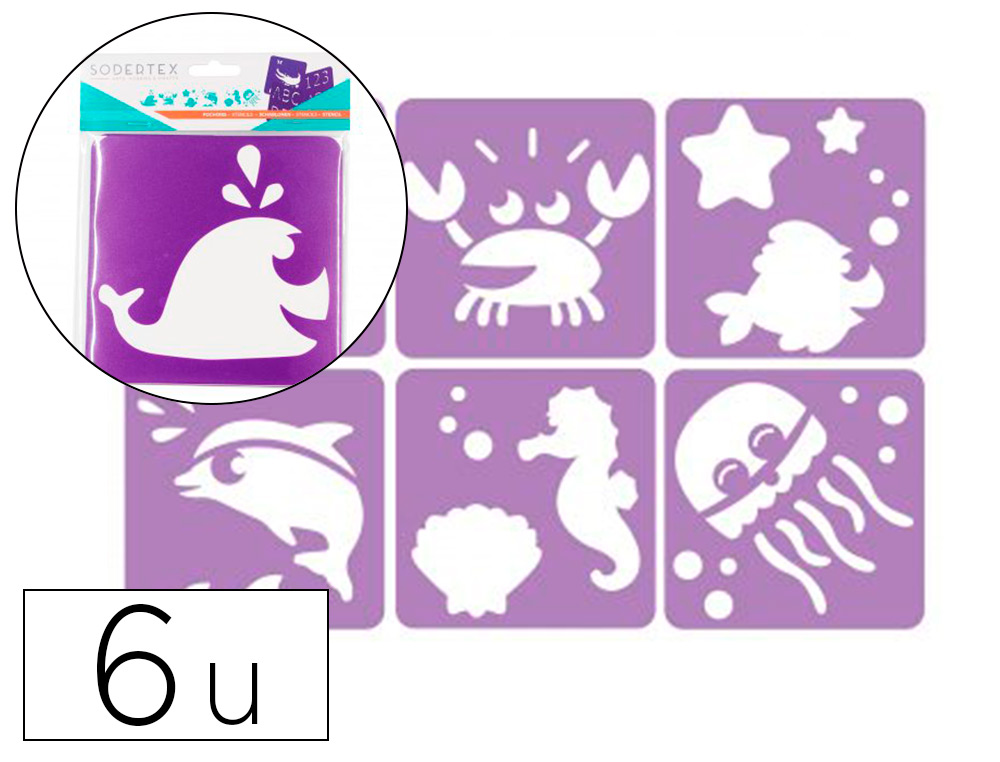 POCHOIRS SODERTEX A LA MER EN PLASTIQUE INCASSABLE 5MM      140X140MM 6 PCS COLORIS       ASSORTI