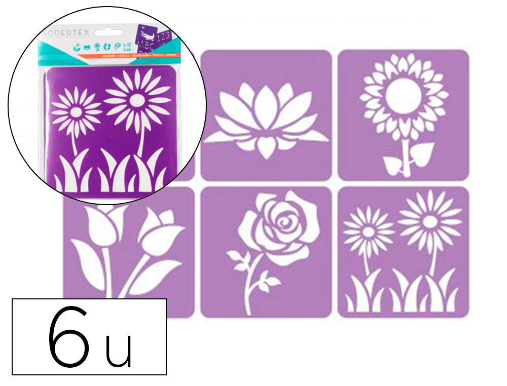 POCHOIRS SODERTEX MON JARDIN BOTANIQUE EN PLASTIQUE        INCASSABLE 5MM 140X140MM 6    PCS COLORIS ASSORTI
