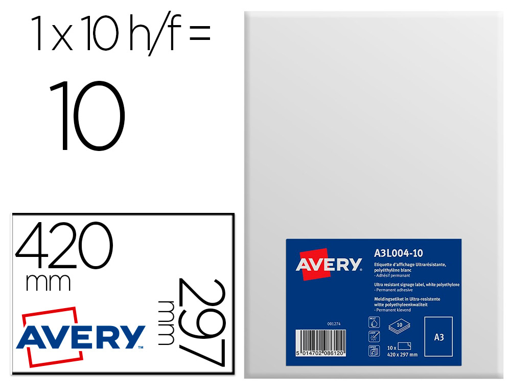TIQUETTE ADHSIVE AVERY AFFICHAGE A3 POLYTHYLNE BLANC MAT PERMANENT LASER JET ENCRE COPIEUR ULTRARSISTANT 10 UNITS