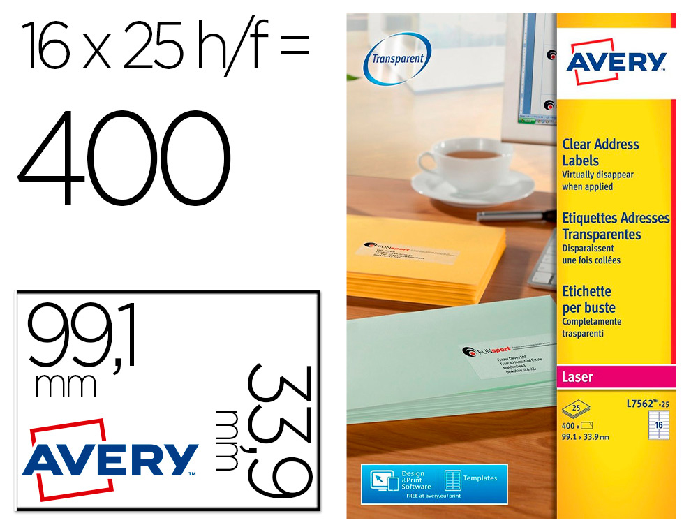 TIQUETTE ADHSIVE AVERY LASERADRESSE TRANSPARENTE COMPATIBLE IMPRIMANTE JET D'ENCRE 99,1X33,9MM BLANCHE 400 UNITS 25F