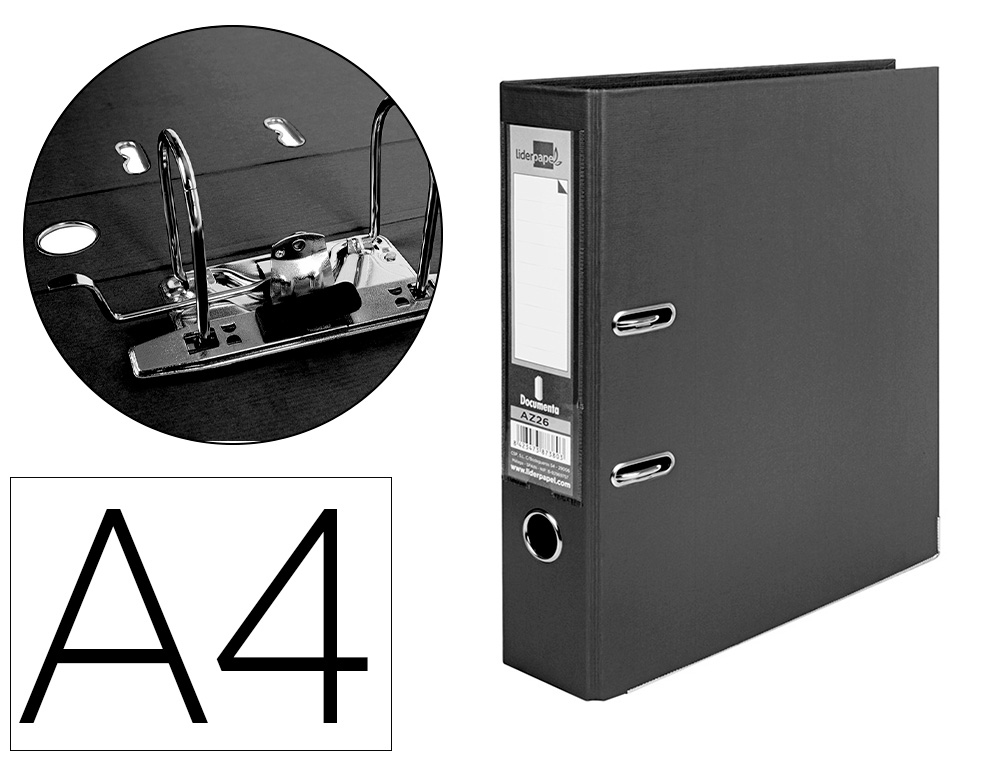 CLASSEUR LEVIER LIDERPAPEL A4 DOCUMENTA CARTON REMBORD 1,9MM DOS 75MM RADO MTALLIQUE COLORIS NOIR