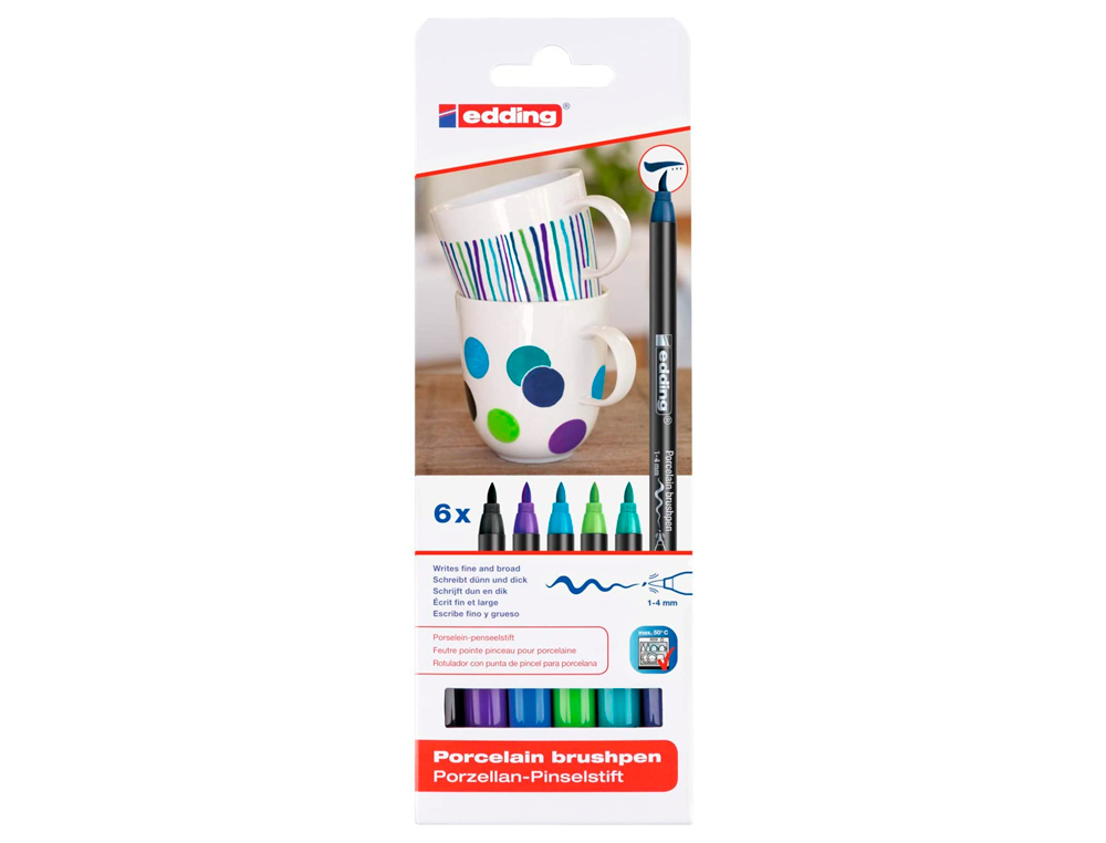 FEUTRE EDDING PORCELAINE E4200 CÉRAMIQUE ÉMAILLÉE VERRE POINTE PINCEAU FINE FLEXIBLE POCHETTE 6 COLORIS FROIDS