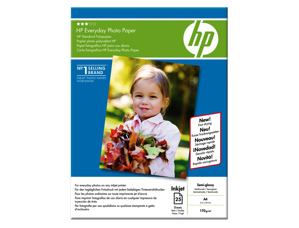 PAPIER PHOTO HP EVERYDAY JET D'ENCRE GLACÉ SEMI-BRILLANT A4 170G/M2 PAQUET 25 FEUILLES