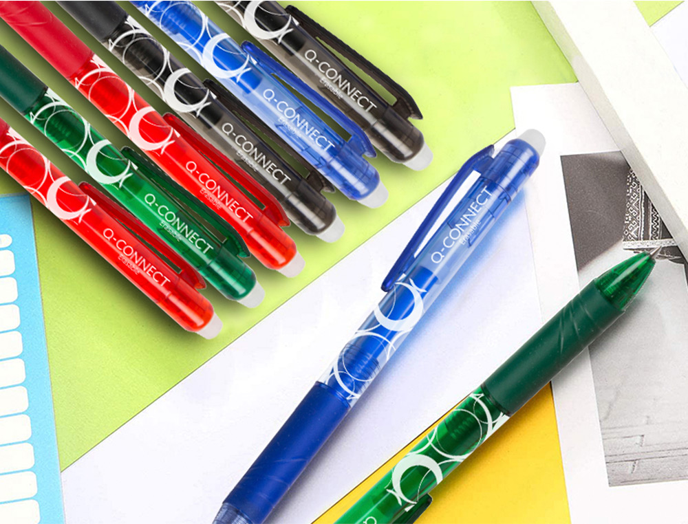 ROLLER Q-CONNECT ÉCRITURE MOYENNE 0.7MM ENCRE EFFAÇABLE GRIP PRÉHENSION GOMME SERTIE COLORIS ROUGE