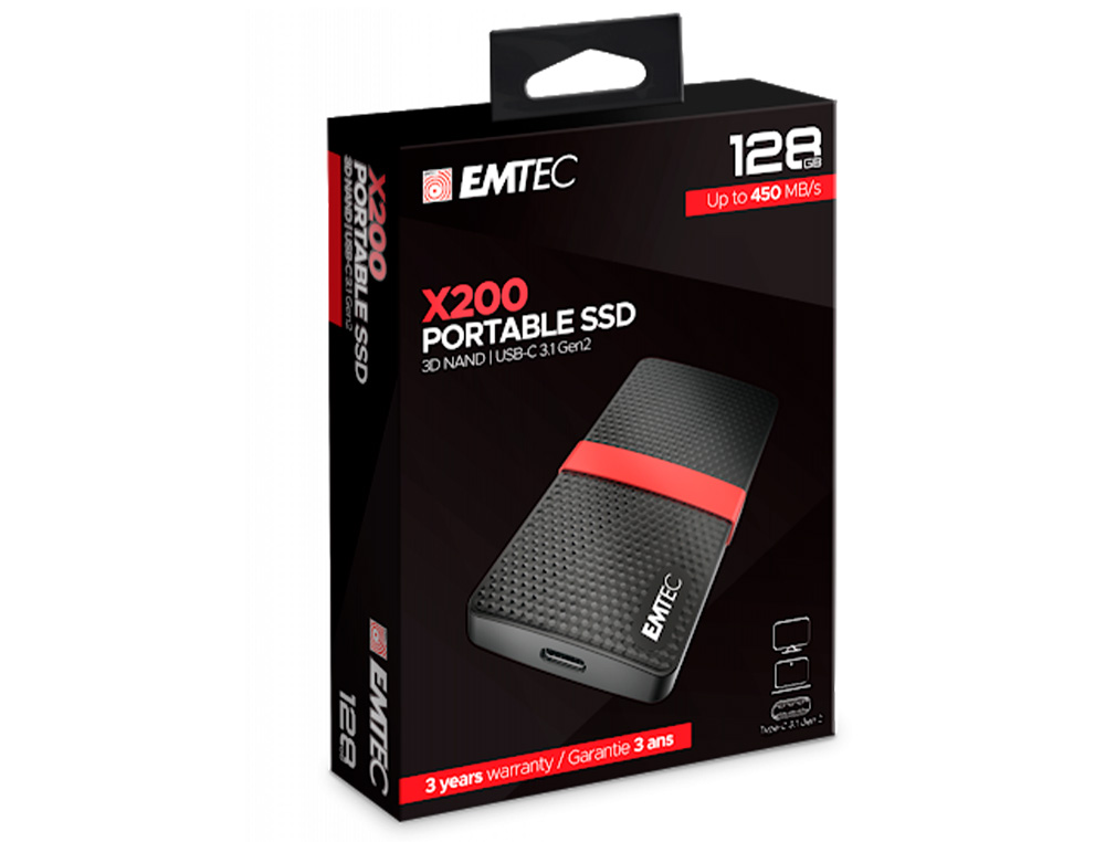 DISQUE DUR SSD PORTABLE EMTEC X200 POWER PLUS USB-C 3.1 GEN1 TRANSFERT HAUTE VITESSE GRANDE CAPACITE DE STOCKAGE 128GB