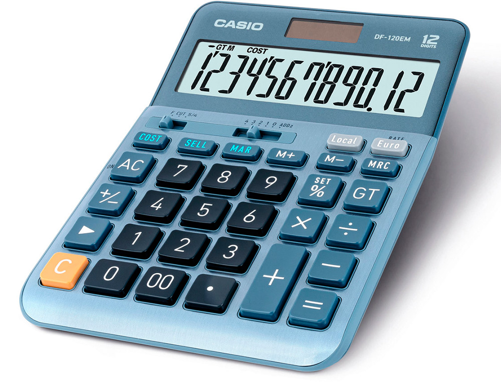 CALCULATRICE CASIO BUREAU 4 OPERATIONS CALCUL TAXE POURCENTAGE CORRECTION RAPIDE BOITIER COULEUR BLEU