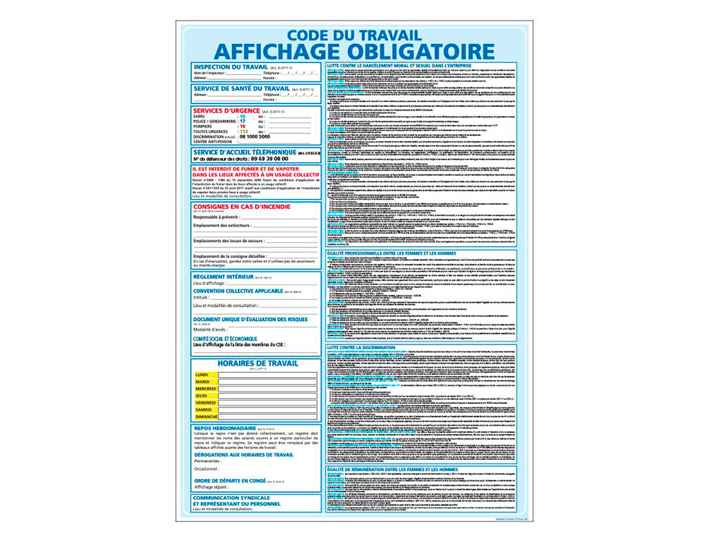 PANNEAU AFFICHAGE OBLIGATOIRE DU CODE DU TRAVAIL  PVC       SEMI-RIGIDE RECYCLABLE,        PAISSEUR 1,5 MM. LAMINATION