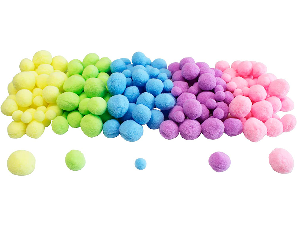 PACK POMPONS SODERTEX PASTEL POLYESTER - 3 TAILLES - 200 PCS - 5 COLORIS