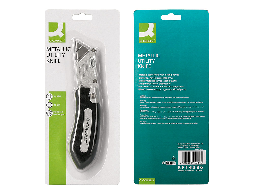 CUTTER XD-925 Q-CONNECT GOMME ET PLASTIQUE ABS LAME INTERCHANGEABLE ACIER CARBONE 19MM MECANISME CHANGEMENT FACILE