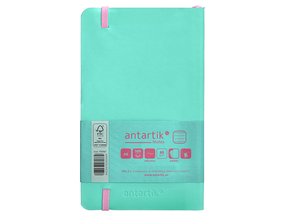 CARNET A6 ANTARTIK NOTES LIGNECOUVERTURE SOUPLE FERMETURE ELASTIQUE ROSE 200 PAGES 80GR COLORIS TURQUOISE