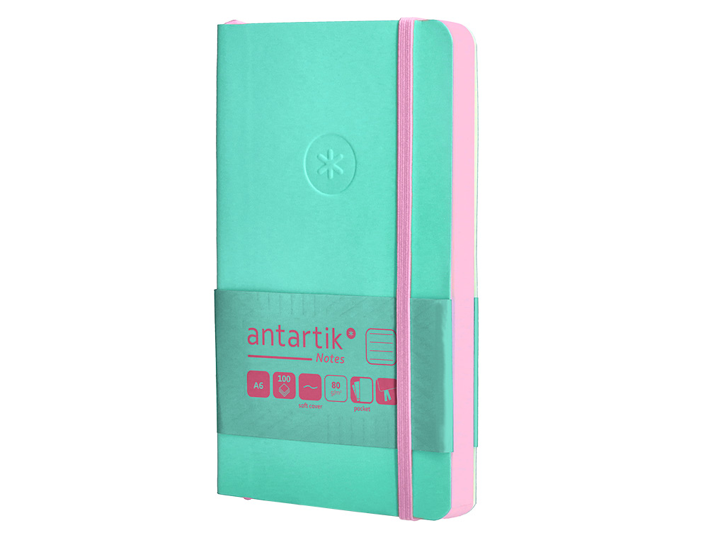 CARNET A6 ANTARTIK NOTES LIGNECOUVERTURE SOUPLE FERMETURE ELASTIQUE ROSE 200 PAGES 80GR COLORIS TURQUOISE
