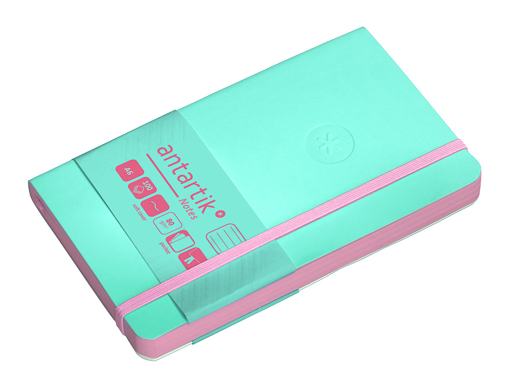 CARNET A6 ANTARTIK NOTES LIGNECOUVERTURE SOUPLE FERMETURE ELASTIQUE ROSE 200 PAGES 80GR COLORIS TURQUOISE