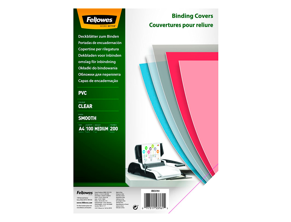 PLAT COUVERTURE FELLOWES PVC 20/100E FORMAT A3 INCOLORE BOTE 100 UNITS