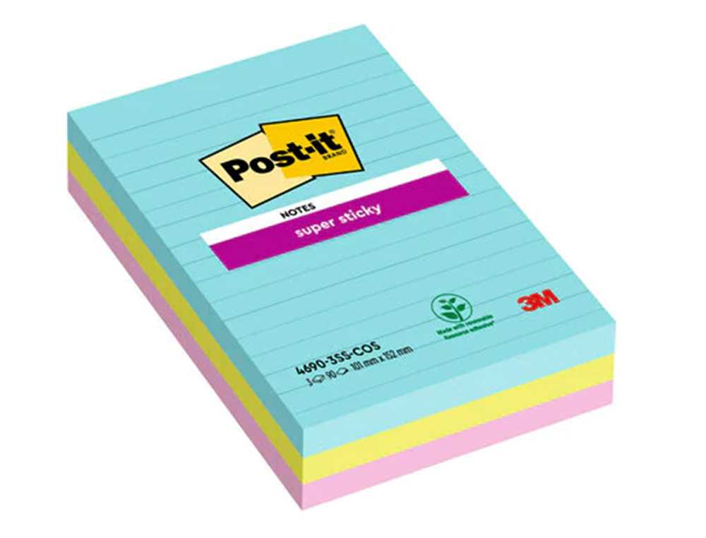 BLOC-NOTE REPOSITIONNABLE POST-IT SUPER STICKY 101X152MM COSMIC LIGNE 90F COLORIS ASSORTIS PACK 3 UNITES