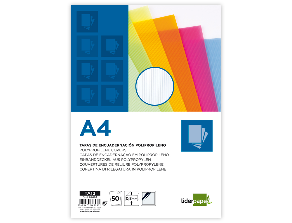 PLAT COUVERTURE LIDERPAPEL PP ONDULÉ TRANSLUCIDE 0.8MM A4 DOSSIER RELIURE TRANSPARENT PAQUET 50 UNITÉS