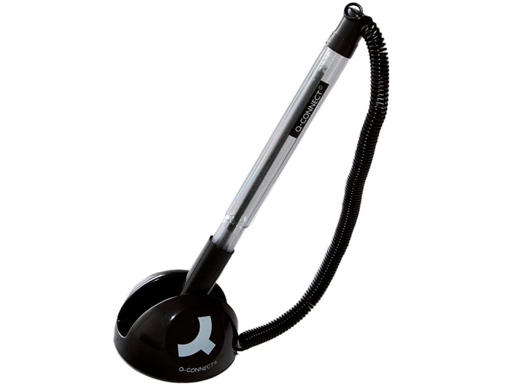 STYLO-BILLE Q-CONNECT SUR SOCLE SUPPORT ADHÉSIF CHAÎNE PLASTIQUE TRAIT 0.7MM ENCRE BLEUE